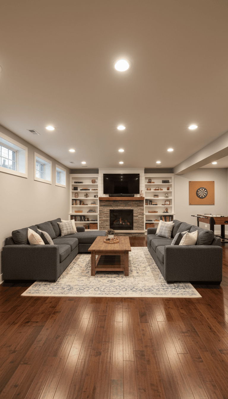 Modern basement living room with grey sofas, stone fireplace, and built-in bookshelves over hardwood.