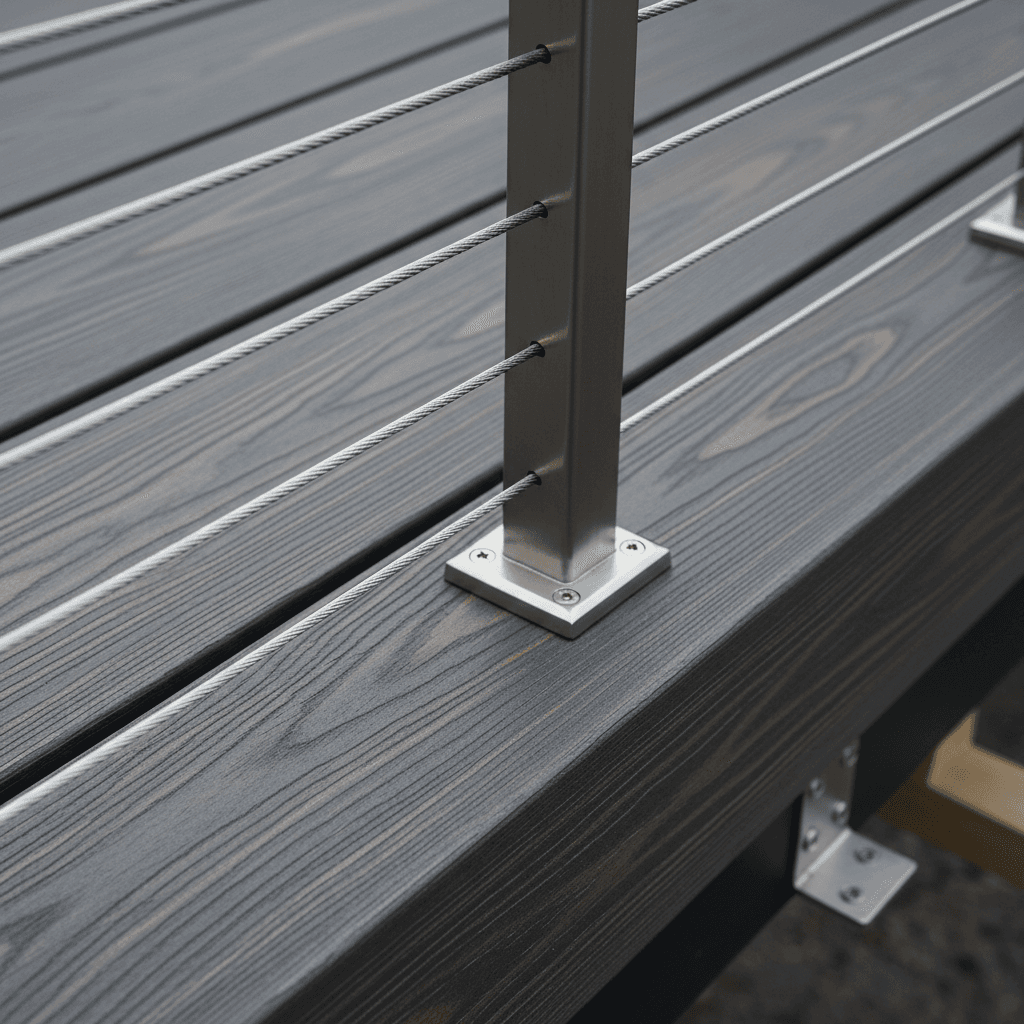 Close-up detail of composite decking boards and cable railing hardware showing texture and quality craftsmanship