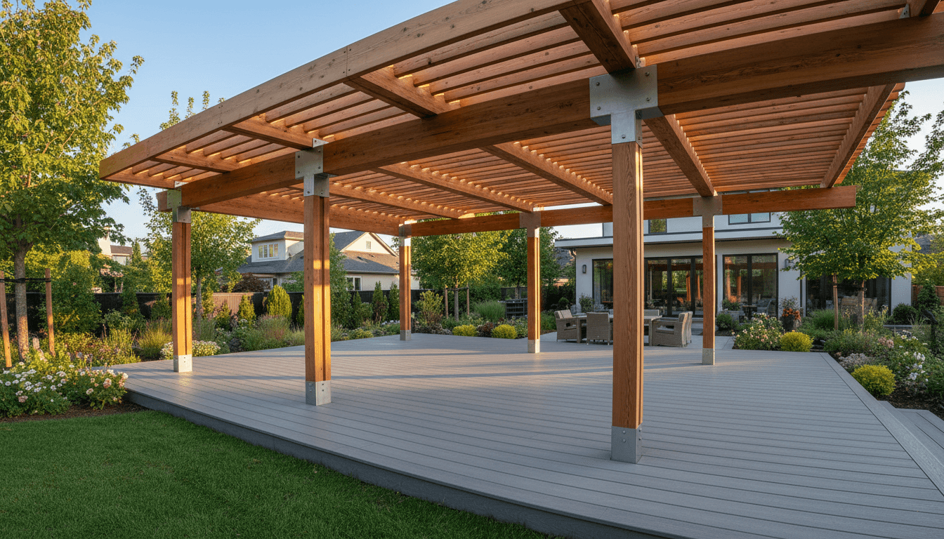 Completed wooden pergola structure over residential deck with steel supports, golden hour lighting casting shadows through latticed roof