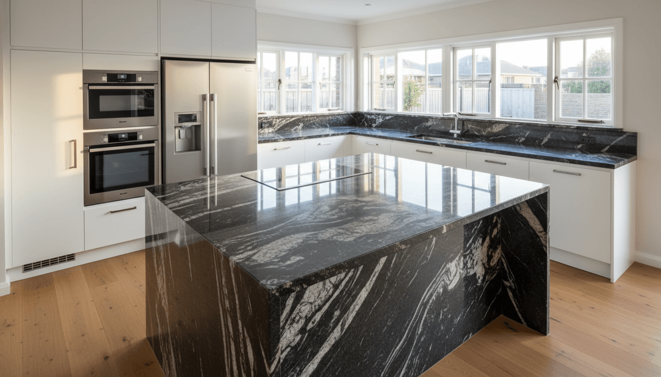 Completed modern kitchen with striking dark granite countertops installed across island and perimeter surfaces with professional finishes