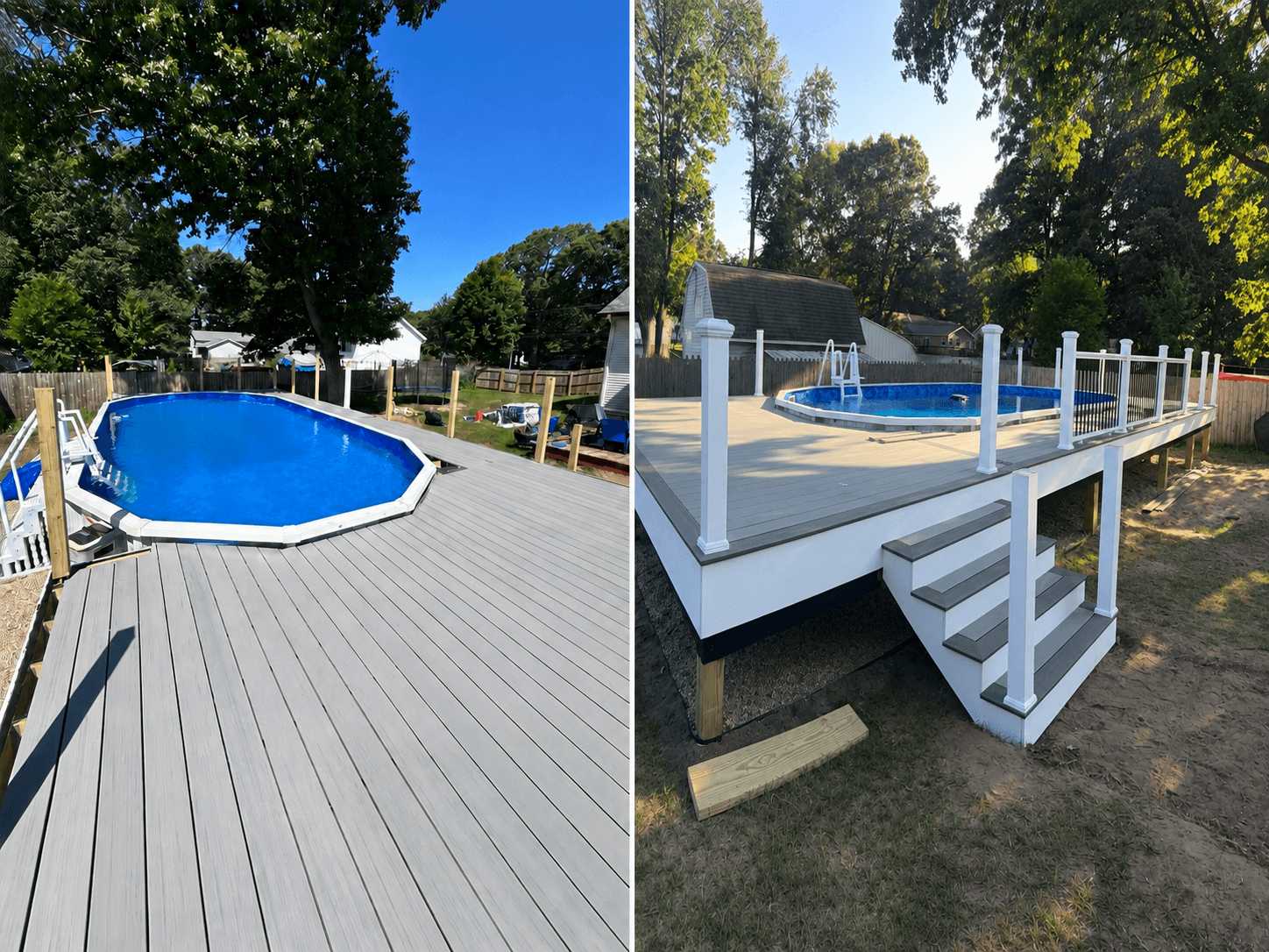 Before and after photos of a grey deck with white railings around an above-ground pool.