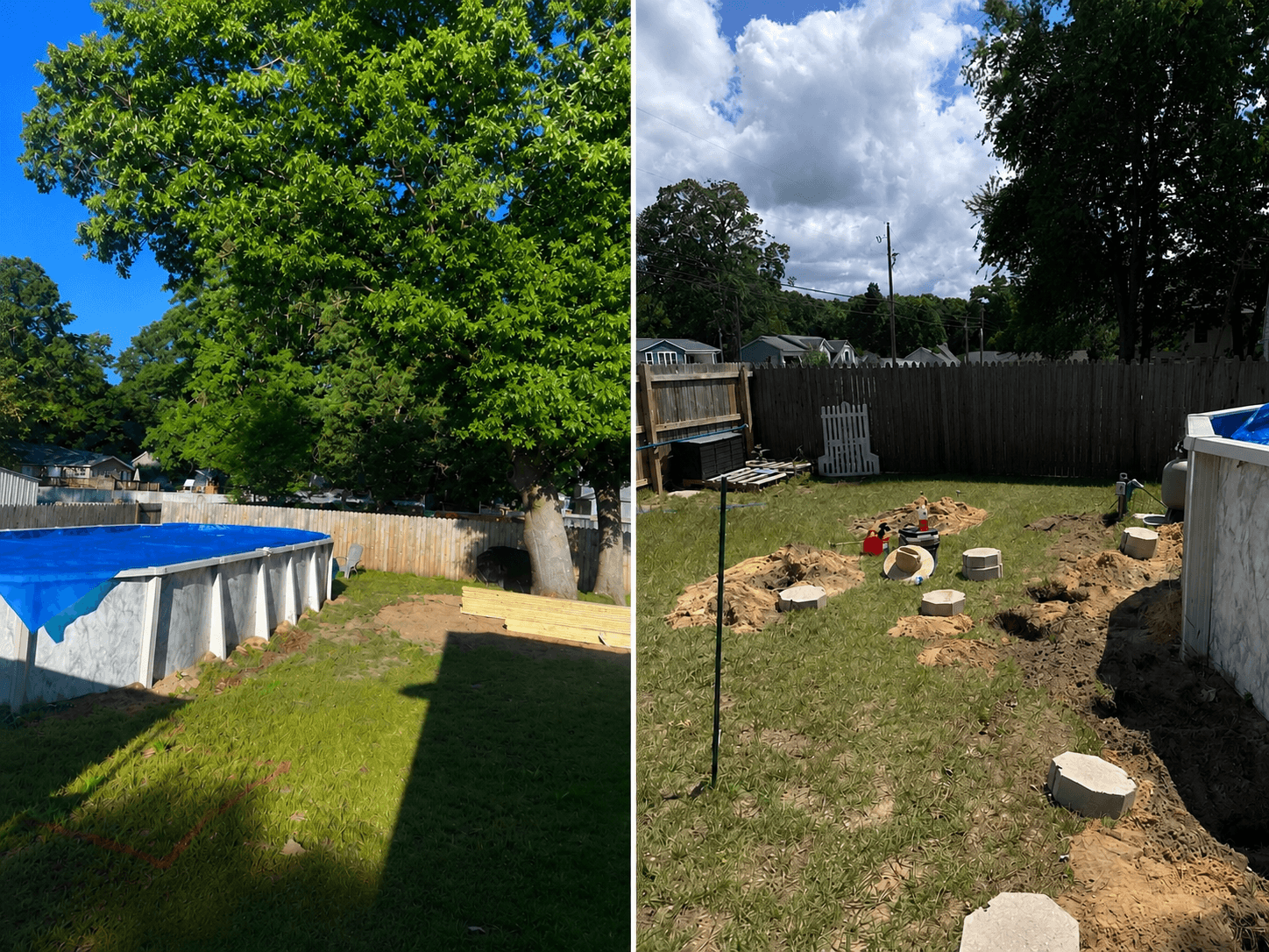 Side-by-side photos showing an above-ground pool before and during construction of a new deck.