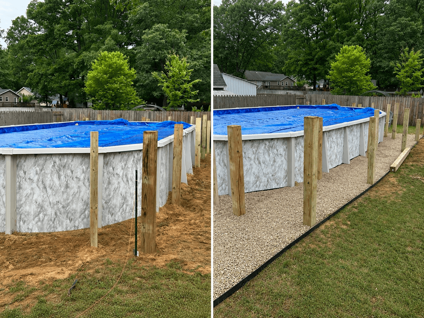 Side-by-side comparison of an above-ground pool area before and after adding gravel and edging.