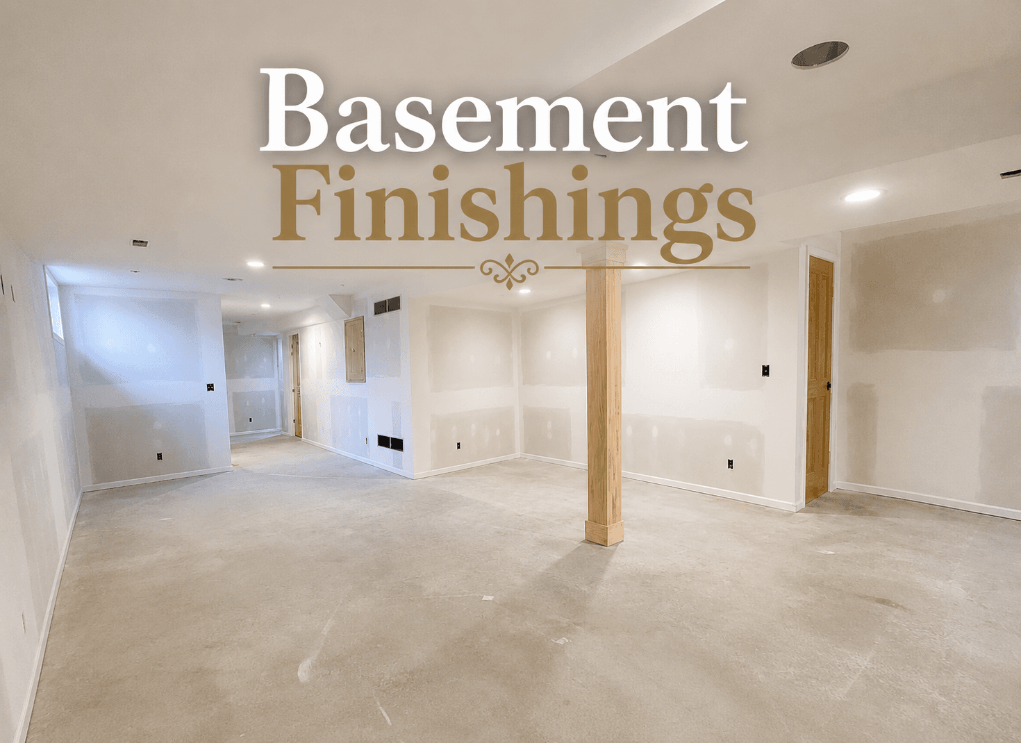 Large unfinished basement with drywall and a wooden pillar, featuring the text Basement Finishings.