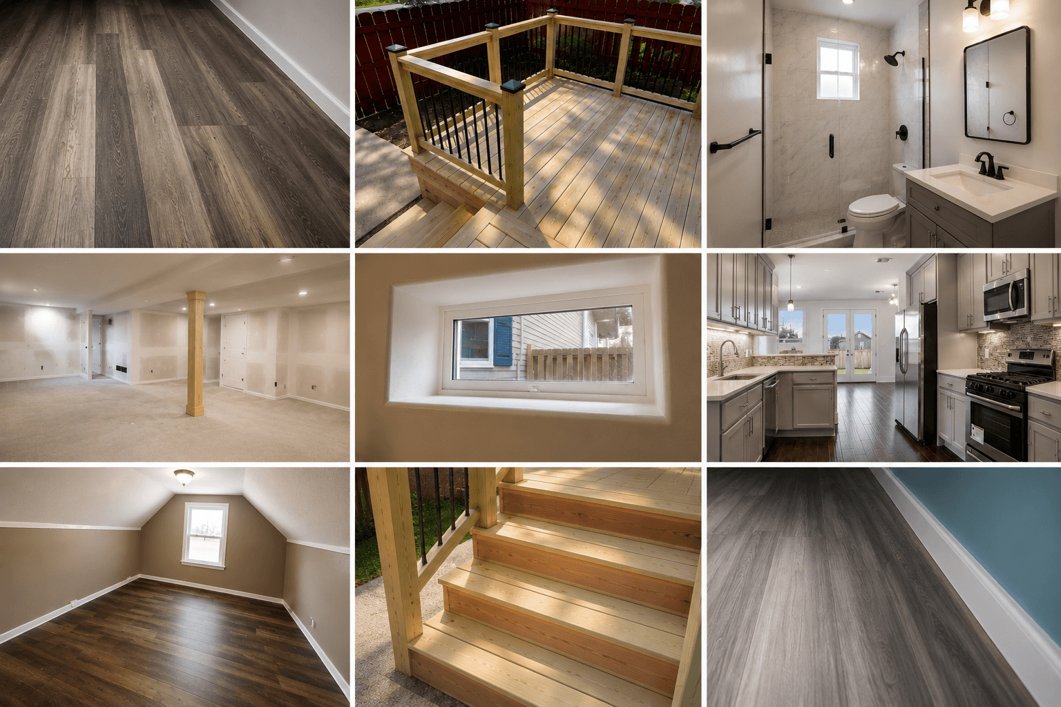 Collage of nine photos showcasing home renovations including flooring, a deck, kitchen, and bathroom interiors.