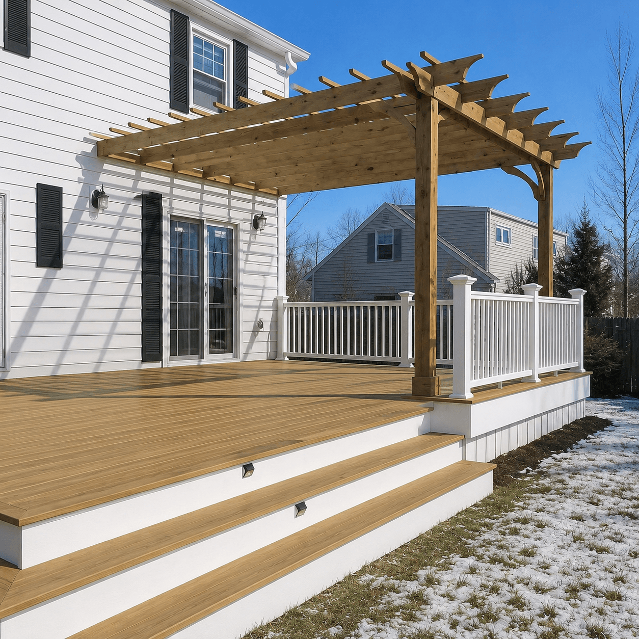 Wooden pergola over a large deck with white railings attached to a white house.