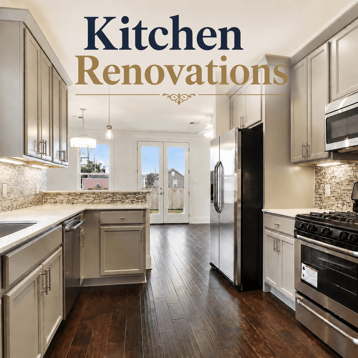 Modern kitchen with grey cabinets, stainless steel appliances, dark wood floors, and "Kitchen Renovations" text.