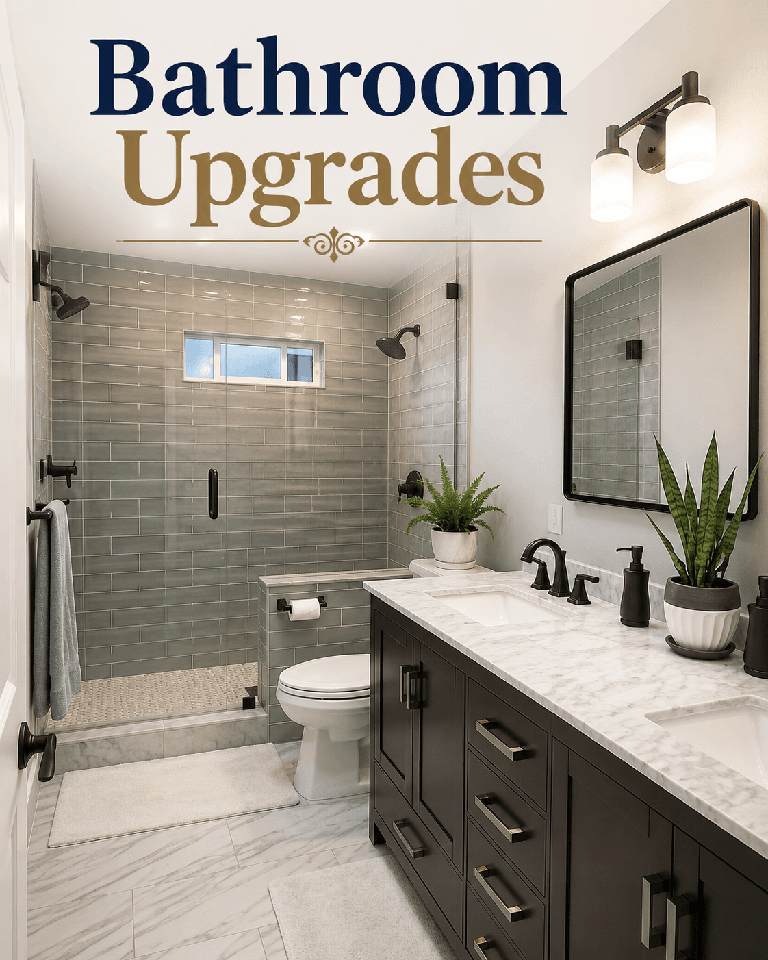 Modern bathroom with dark double vanity, marble countertops, and a glass-enclosed gray tiled shower.