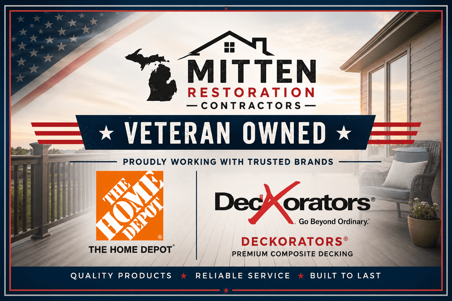 Veteran-owned Mitten Restoration Contractors advertisement featuring Home Depot and Deckorators logos on a deck.