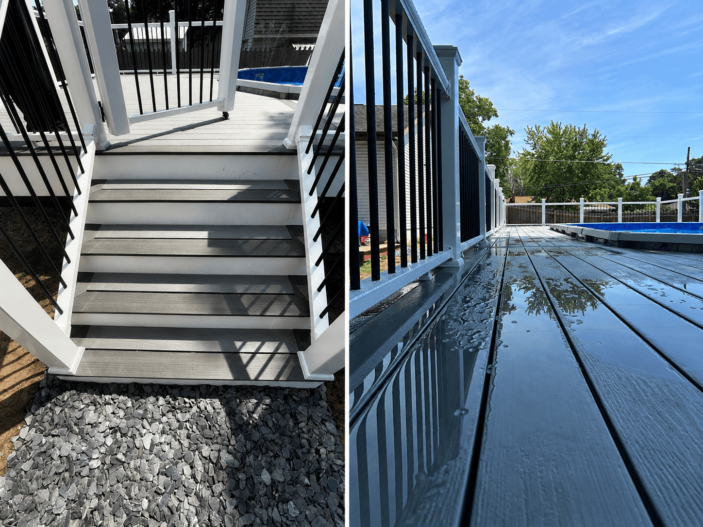 Composite deck stairs with white railings and a wet surface reflecting the sky and pool.