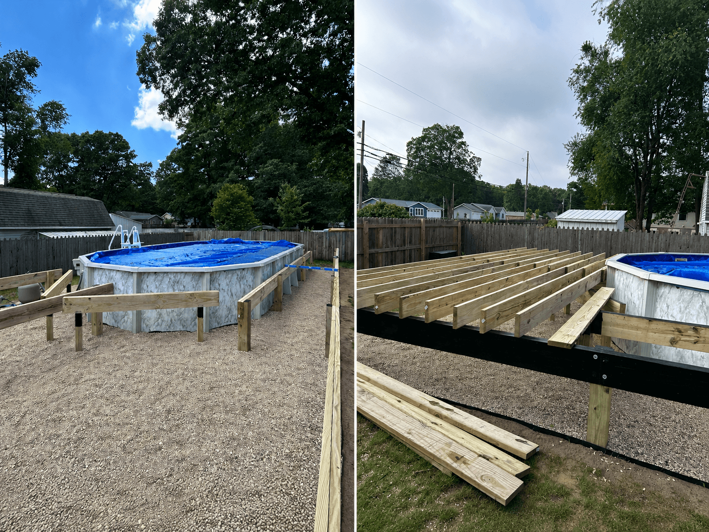 Wooden deck frame under construction around an above-ground swimming pool with a blue cover.