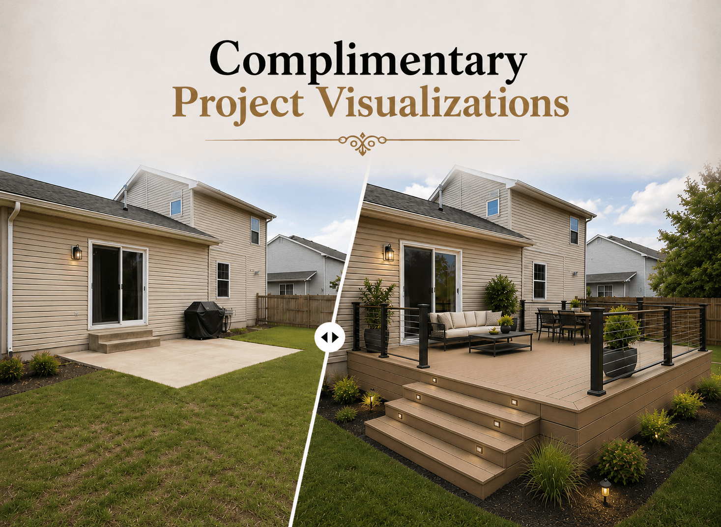 Before and after comparison of a backyard concrete patio transformed into a furnished wooden deck.