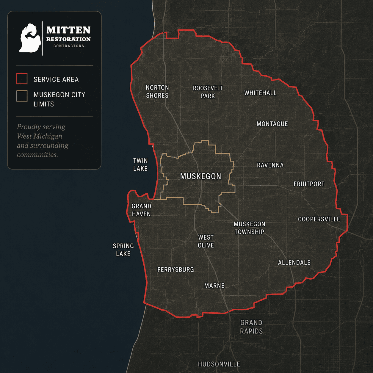 Service area map for Mitten Restoration Contractors covering Muskegon and surrounding West Michigan communities.