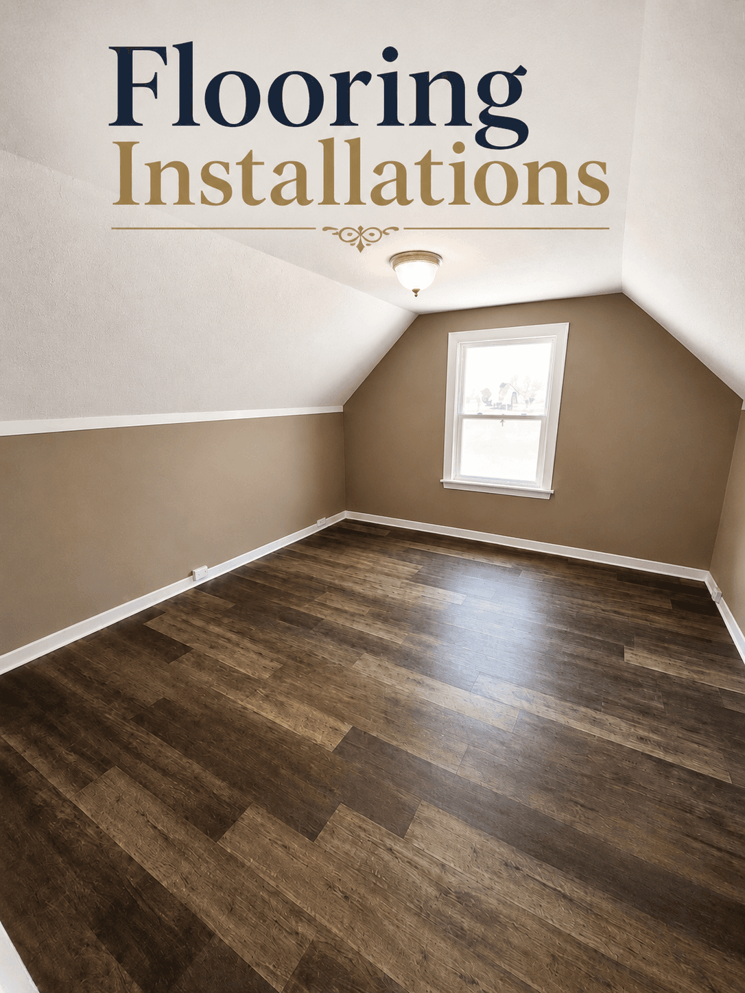 Empty room with dark wood-look flooring, tan walls, and text reading 'Flooring Installations'.