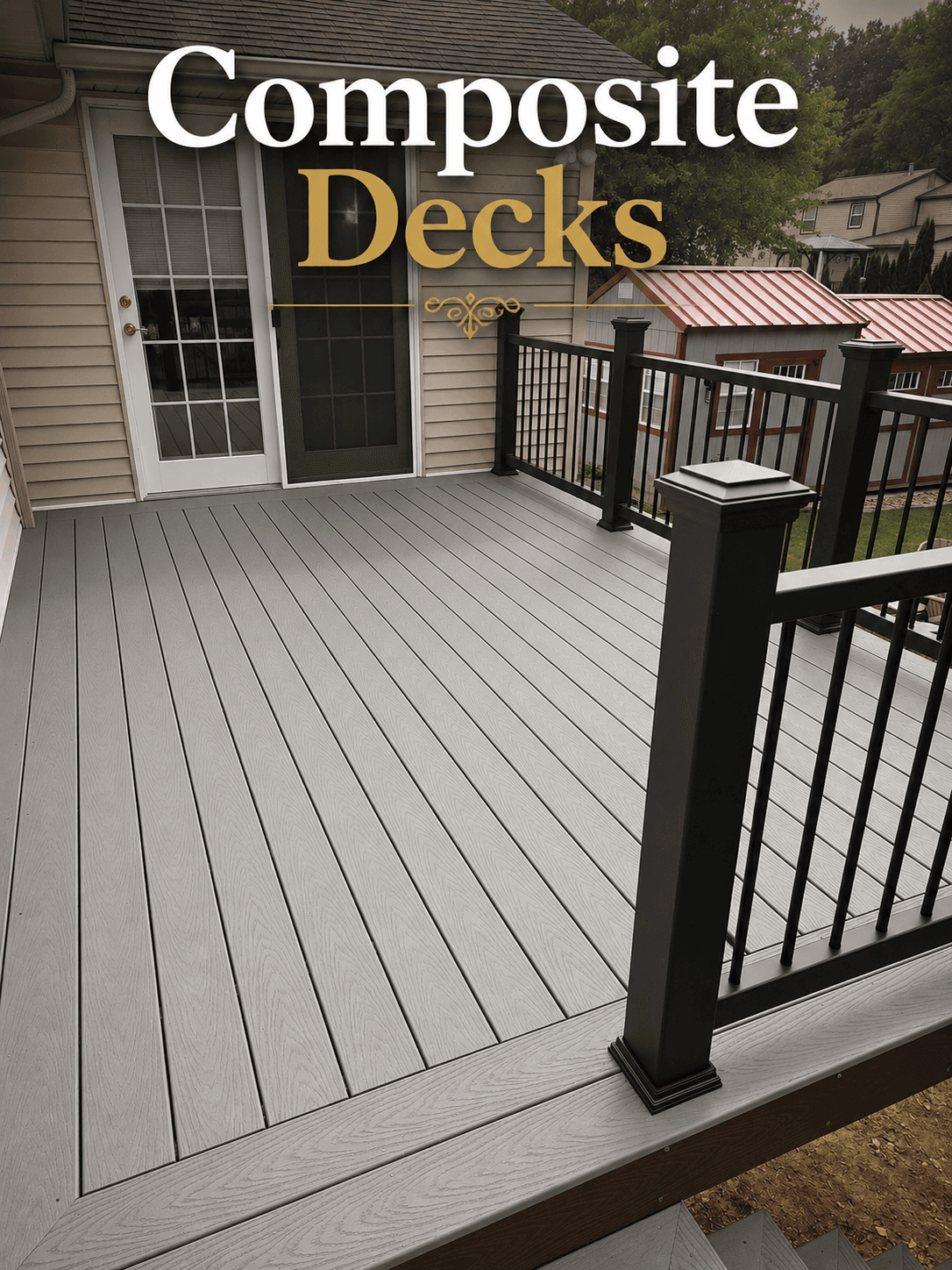Grey composite deck with black railings attached to a beige house with a red shed.