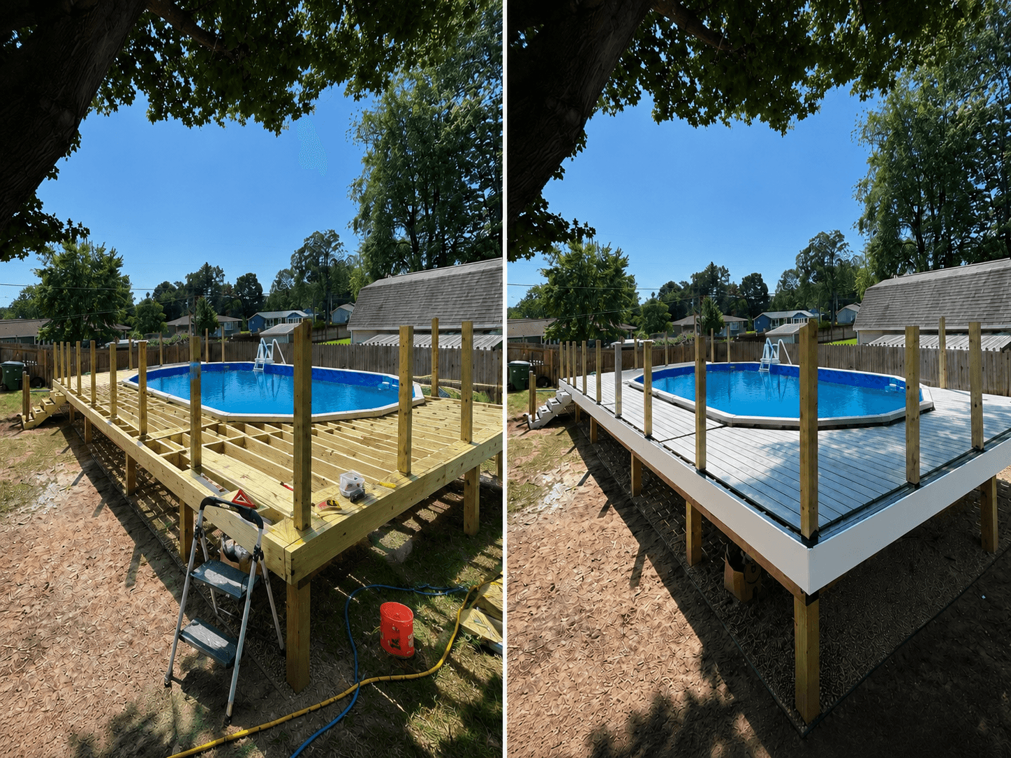 Side-by-side comparison of a wooden pool deck frame and the finished grey composite deck.